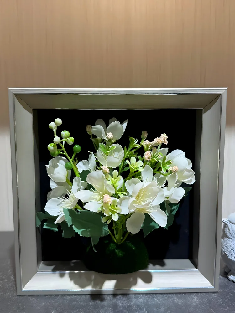 Artificial White Jasmine Framed Floral Art | Realistic Faux Jasmine Shadow Box D&eacute;cor, 7.8*7.8 in