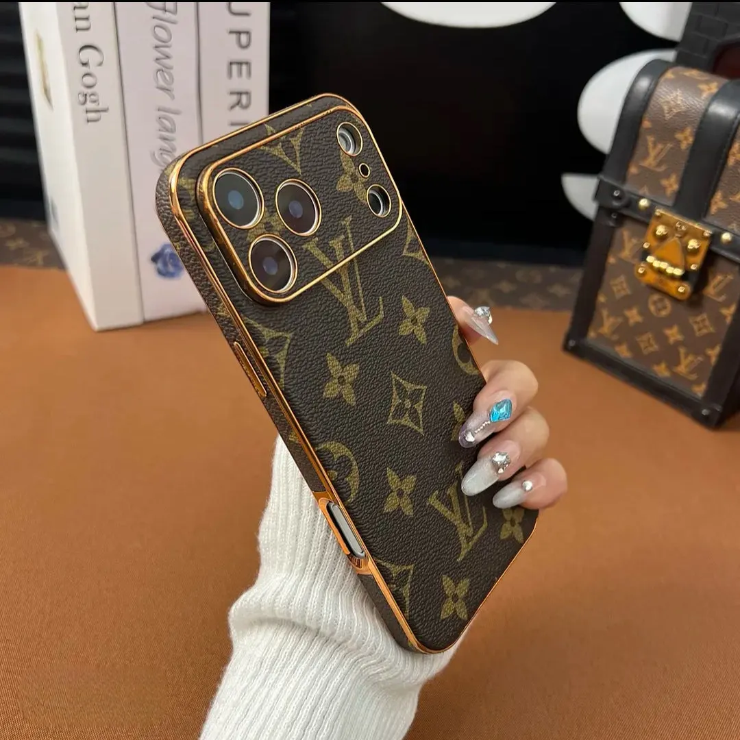 Luxury LV Designer Inspired Brown Monogram iPhone Case, Gold Trim Leather Cover for iPhone 11-17 Pro Max Series