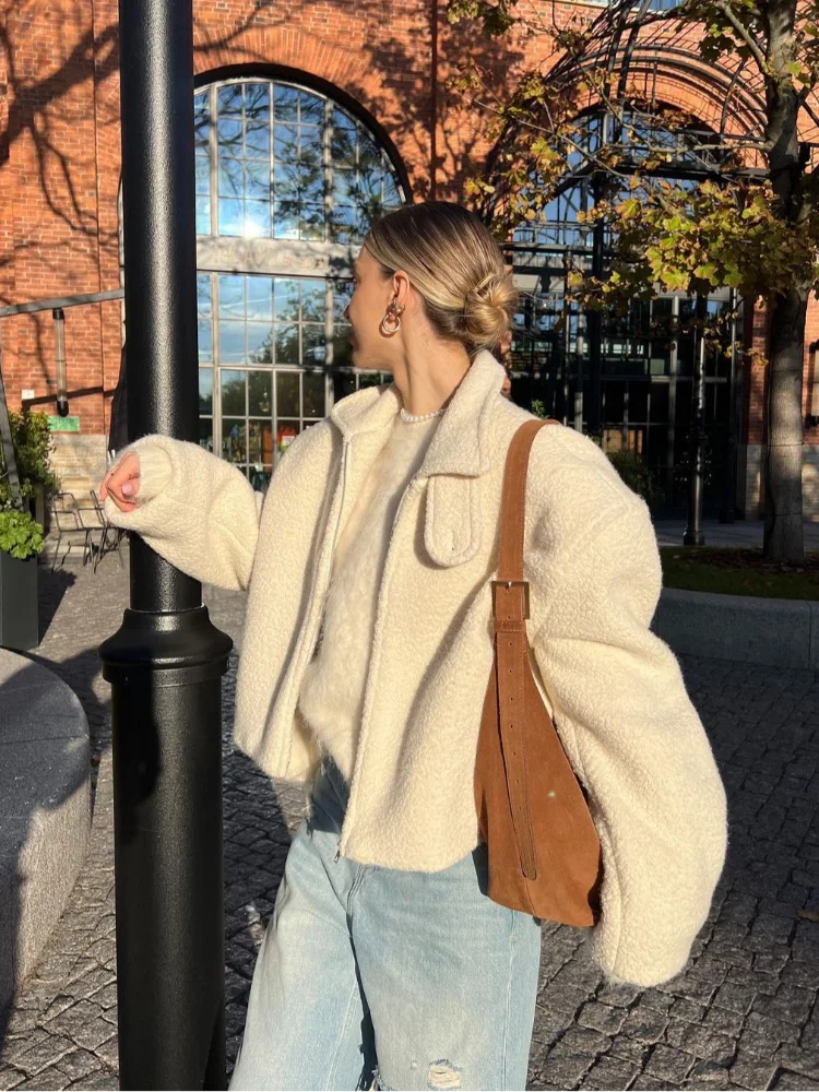Toloer White Lapel Fleece Jacket-Outfit Ideas