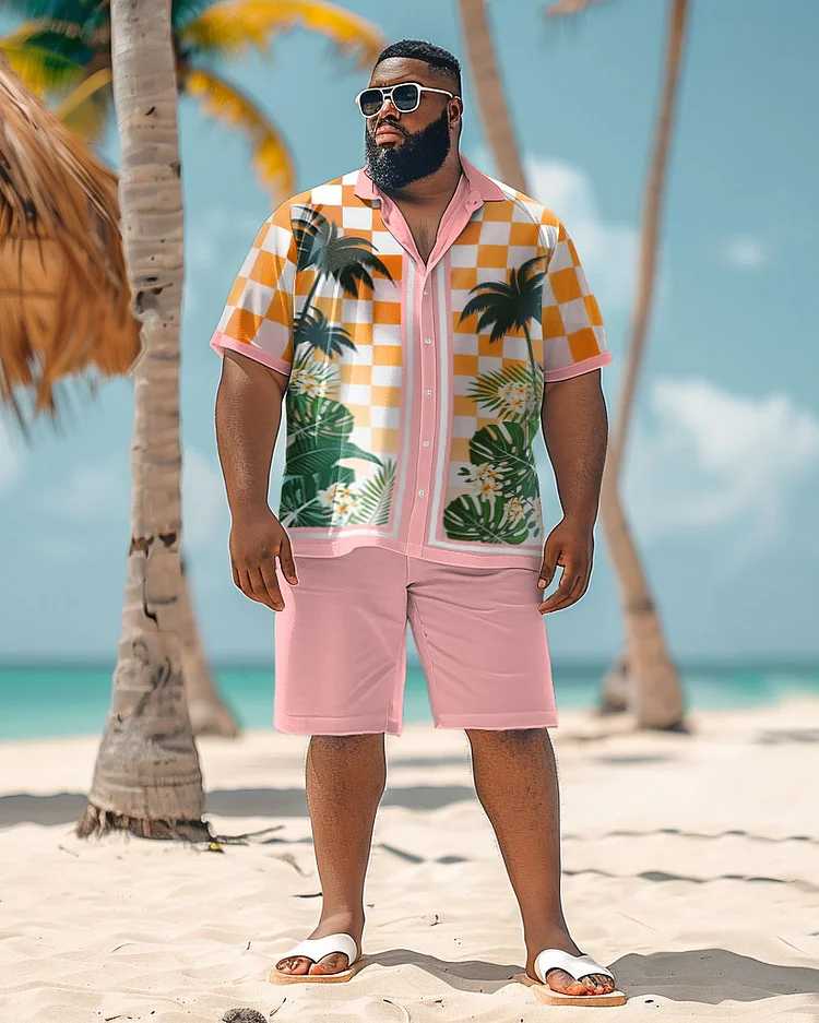 Men's Plus Size Hawaiian Plaid Coconut Tree Print Shirt Shorts Suit