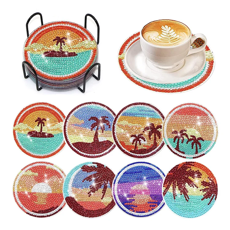 8 PCS Wooden Dazzling Holiday Diamond Painting Coaster Kit with Holder for Adult
