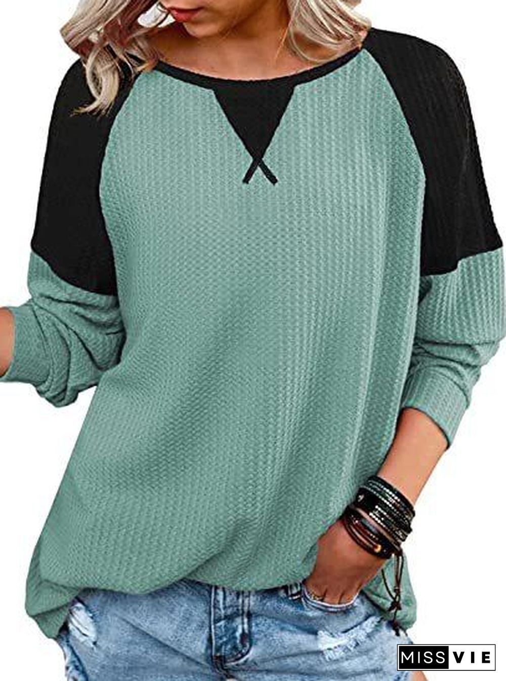 Women's Long Sleeve Scoop Neck Stitching Tops