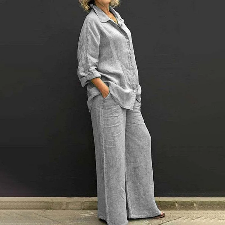 VChics Solid Linen Lapel Shirt Straight Leg Pants Two Piece Set