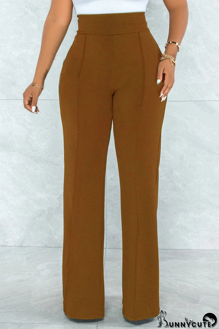 Khaki Fashion Casual Solid Basic Regular High Waist Trousers