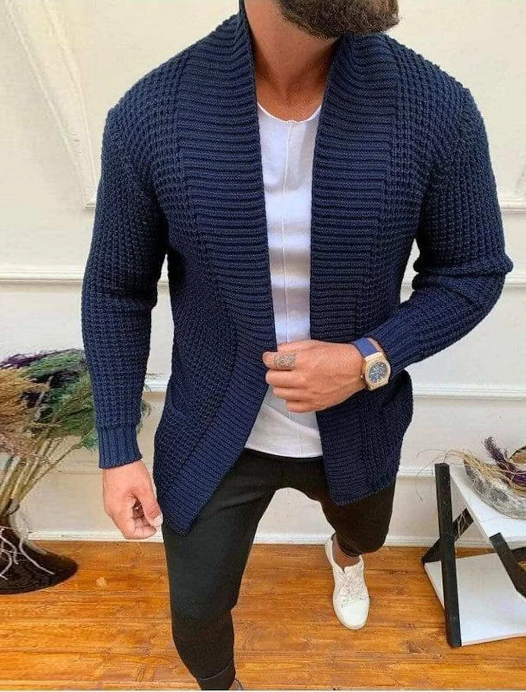 Uveng Uveng Men's Fashion Men's Casual Long Sleeve Lapel Knit Sweater Men's Coat
