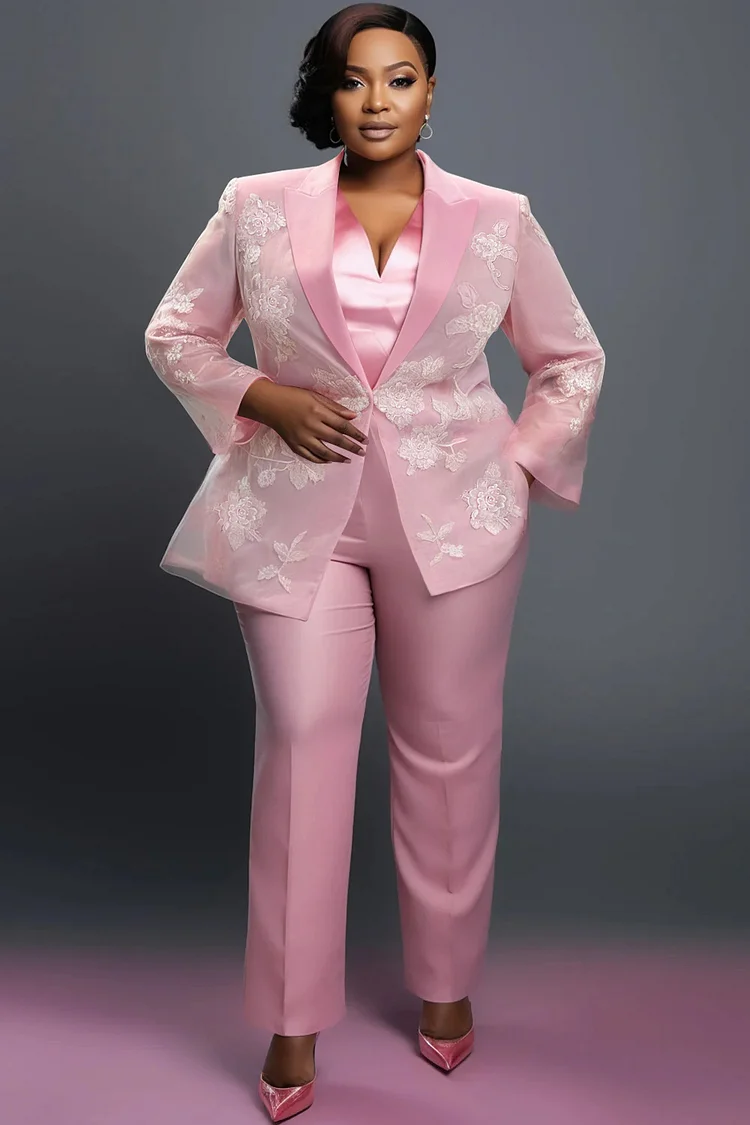Xpluswear Design Plus Size Formal Pink Floral Lapel Collar Long Sleeve See Through Pocket Organza Satin Two Piece Pant Suits [Pre-Order] 2024 - Xpluswear