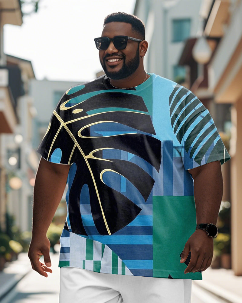 Men's Plus Size Bamboo Turtle Geometric Patchwork Design Printed Round Neck Short Sleeve T-Shirt