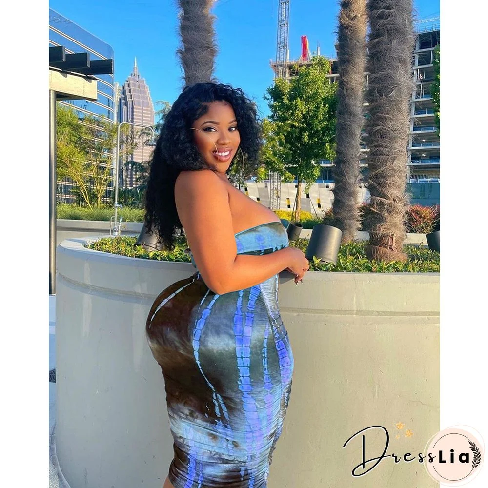 Summer Tie Dye Plus Size Fashion Clubwear Strapless Crop Top Maxi Skirts Women Sexy Two Piece Set