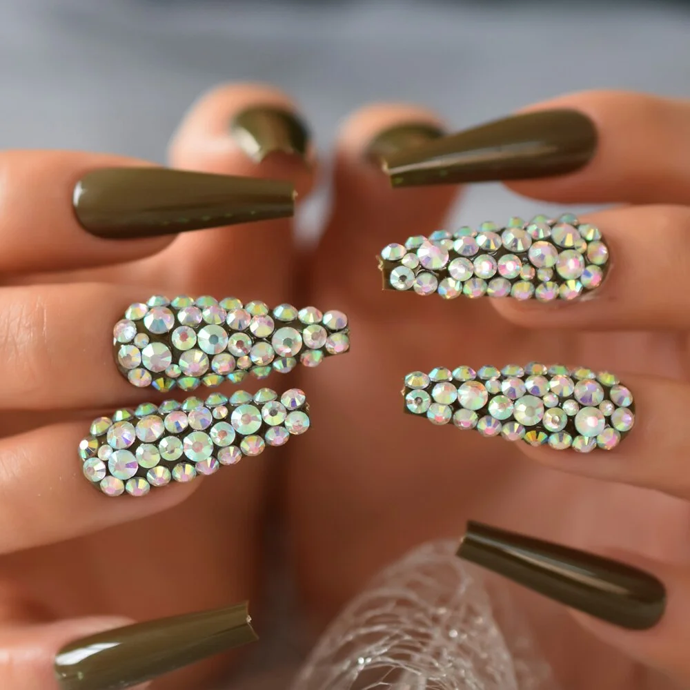 Gorgeous Rainbown Nails Coffin Shape 3D Crystal Decorative Faux Ongles Ombre Pink Blue Yellow Fashion Fake Nails Tip-Nail Inspo