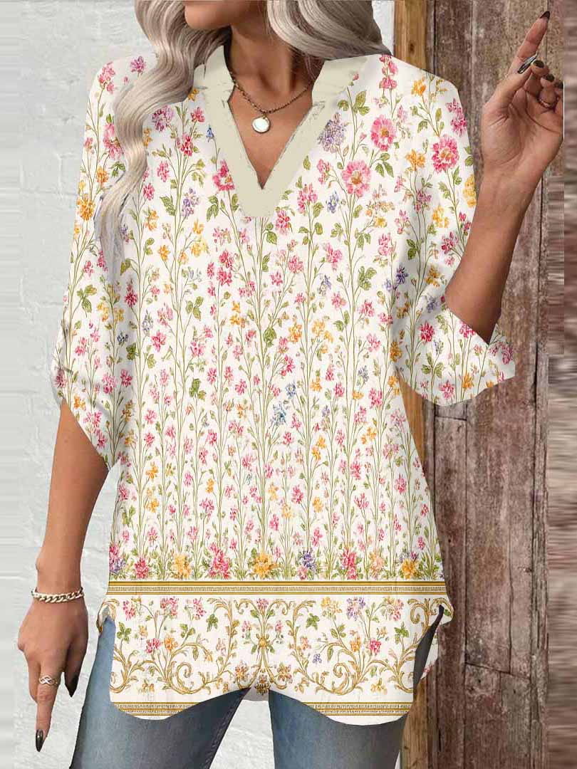 Women Floral,Red,Beige DZGA0251 3/4 Sleeve V-neck Printed Graphic Button Tops