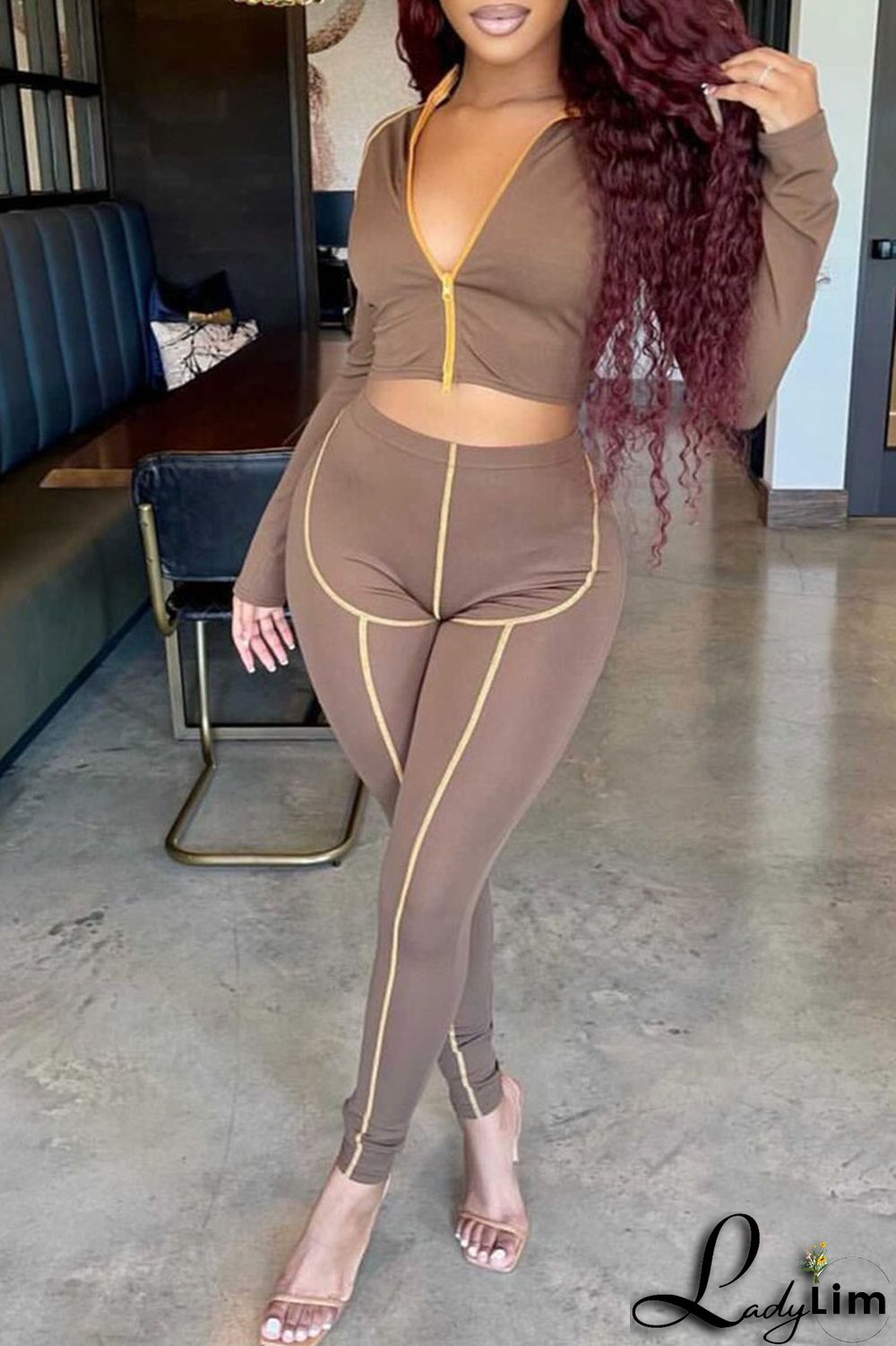 Tangerine Red Casual Solid Patchwork Asymmetrical Zipper Zipper Collar Long Sleeve Two Pieces