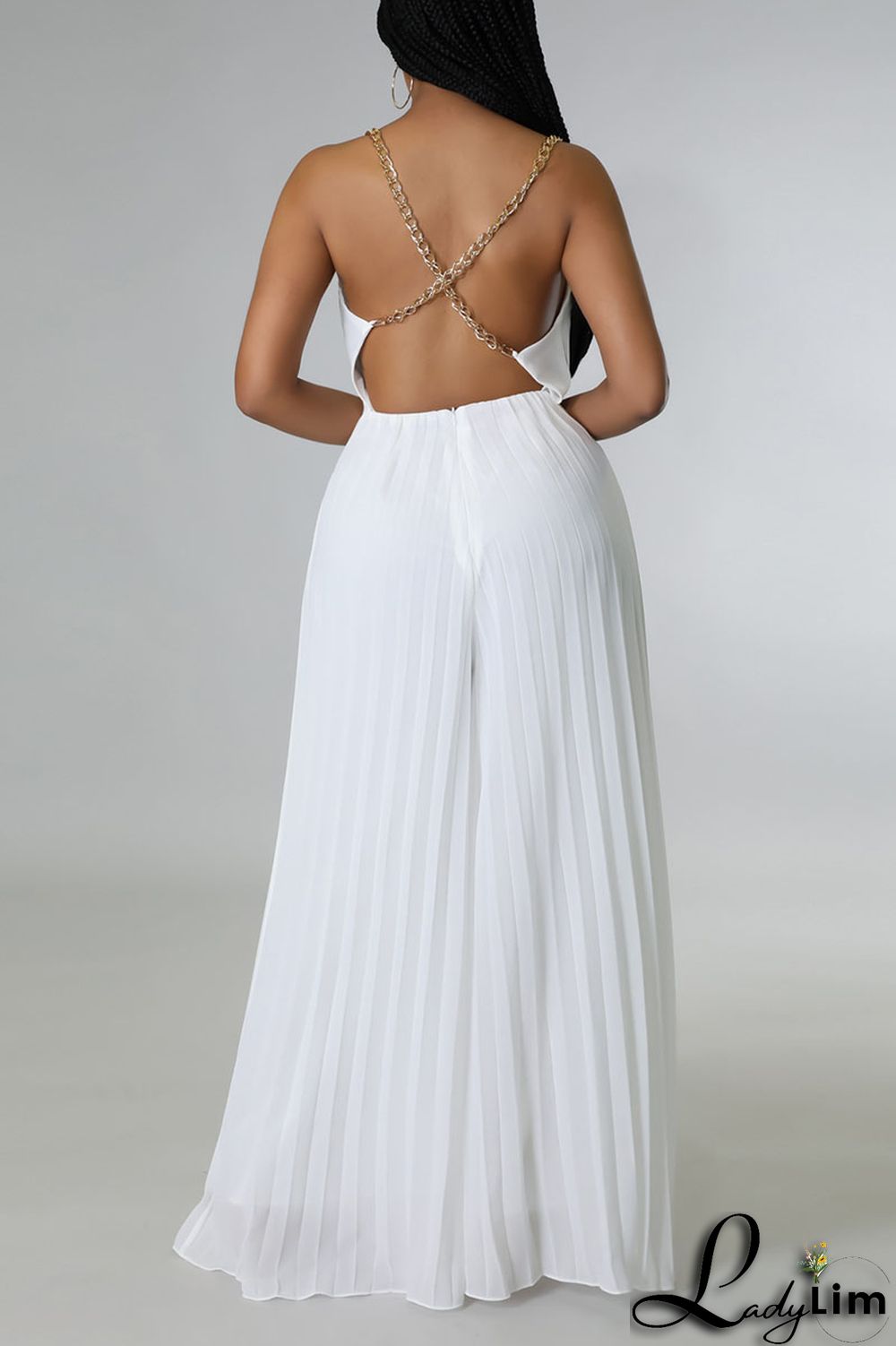 White Elegant Solid Patchwork Backless Fold Straight Jumpsuits