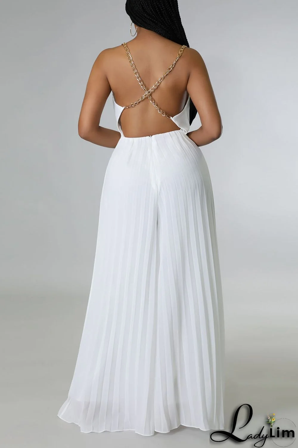 White Elegant Solid Patchwork Backless Fold Straight Jumpsuits
