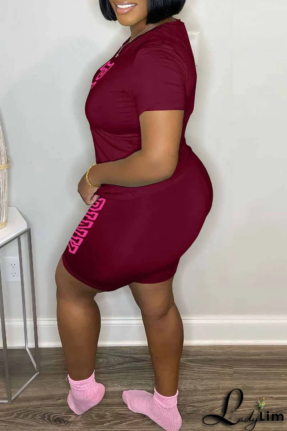 Blue Casual Print Letter O Neck Short Sleeve Two Pieces