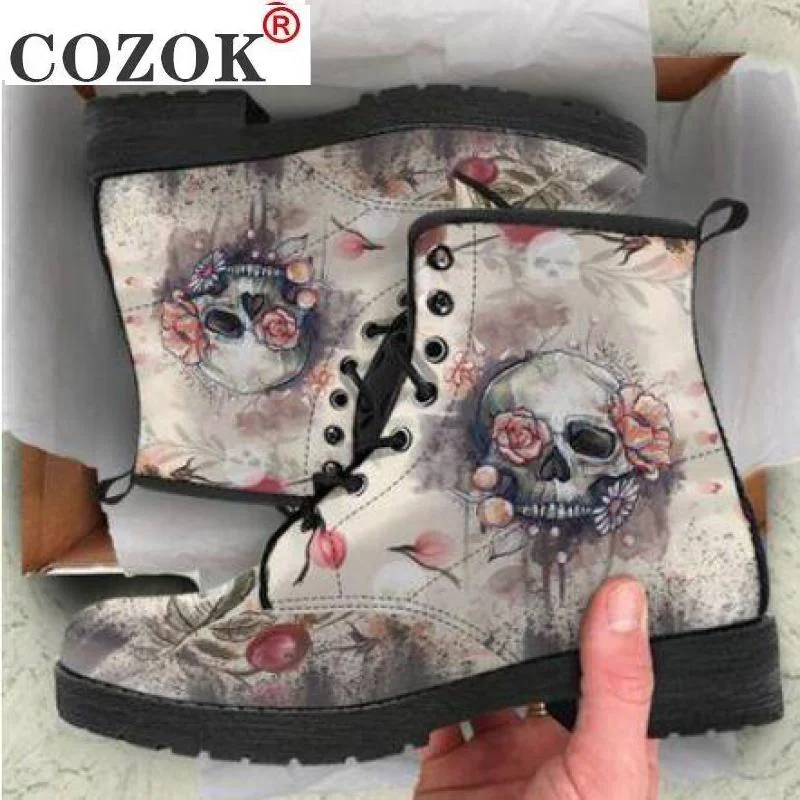 Women Ankle Boots Low Heels Shoes Woman Vintage Pu Leather Autumn Warm Winter high Snow Boots Motorcycle Skull Pansy