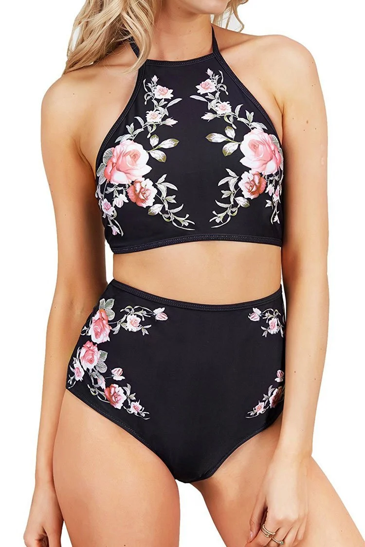 Black Floral High Neck Bikini Swimsuit-elleschic