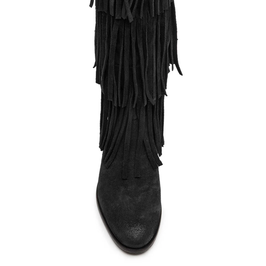 Black Fringe Vegan Suede Mid Calf Closed Toe Flat Boots for Women
