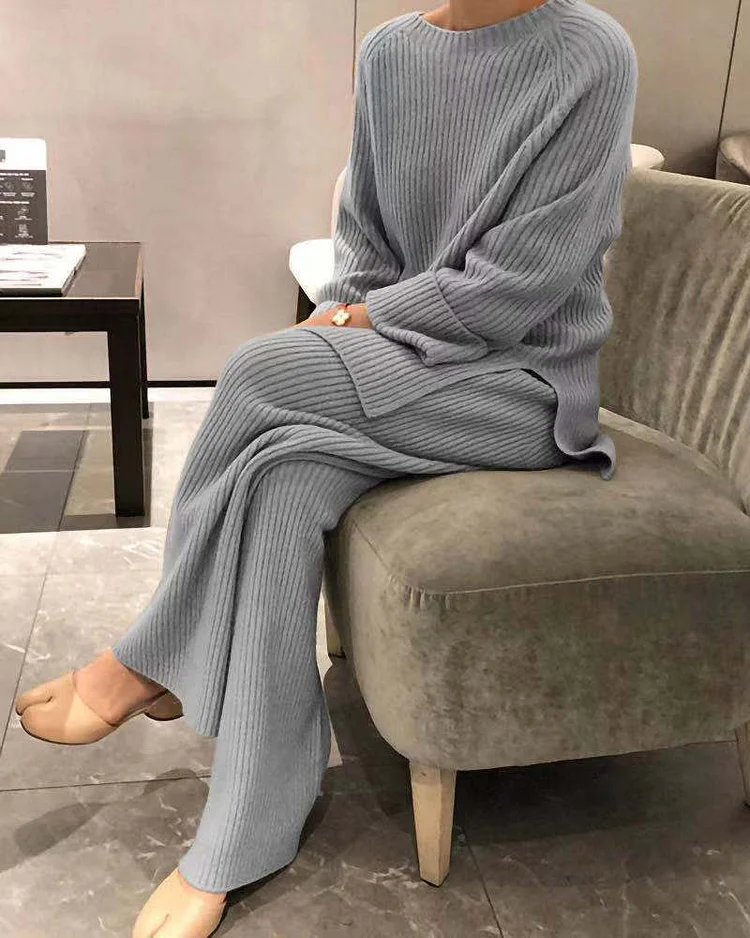 Long Sleeve Solid Color Knit Casual Two Piece Knit Sweater