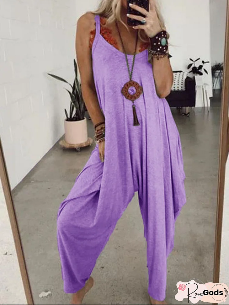 Gray Sleeveless Solid Round Neck Casual Jumpsuits