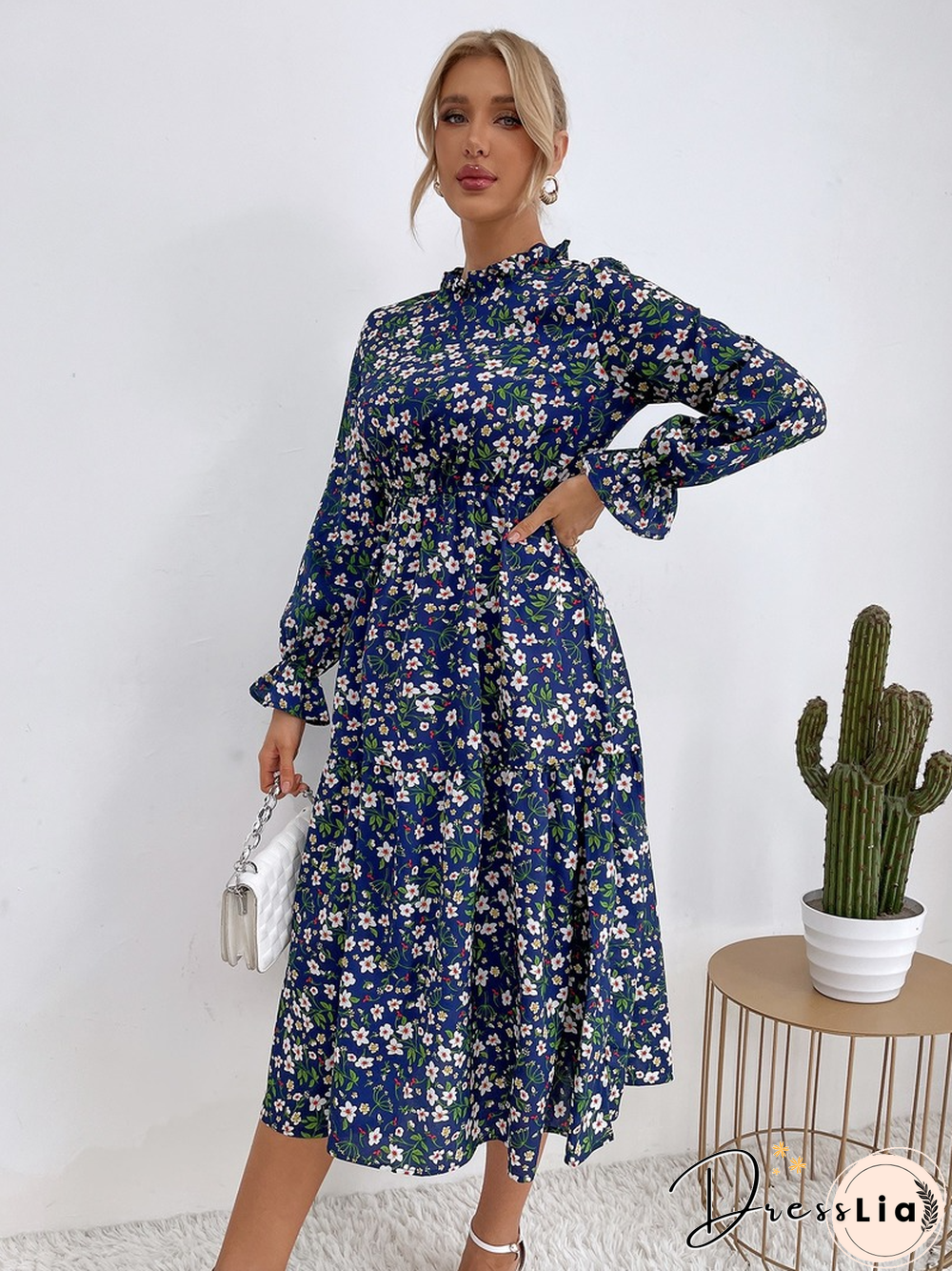 Elegant Fashion Slim Floral Print Dress Women Spring Dress New Casual High Waist Sexy Full Flared Sleeve Midi A-line Dress