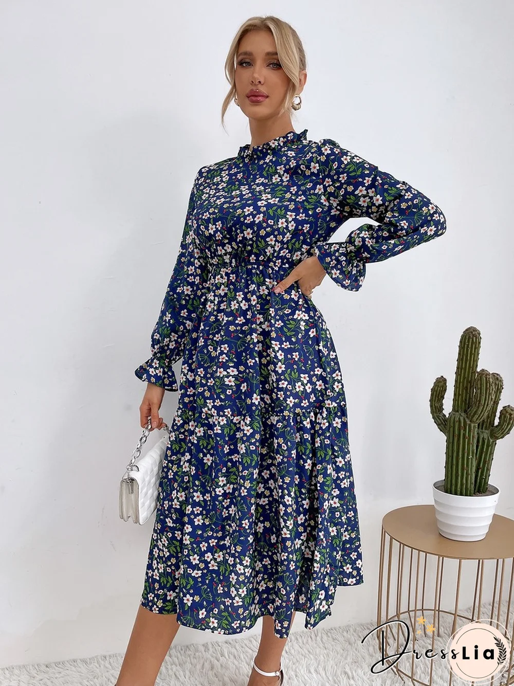 Elegant Fashion Slim Floral Print Dress Women Spring Dress New Casual High Waist Sexy Full Flared Sleeve Midi A-line Dress