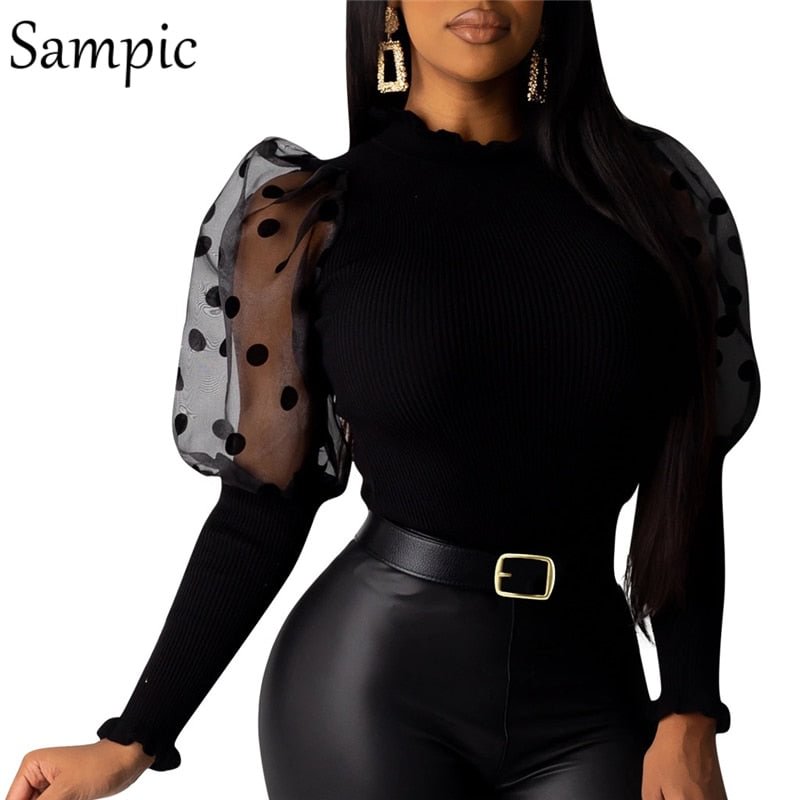 Sampic Casual Party Patchwork Ruched Mesh Polka Dot Puff Long Sleeve Christmas Sweater Women O Neck Cute Knitted Sweater Tops