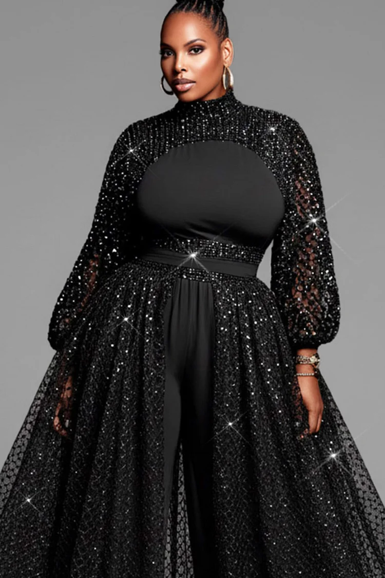 Xpluswear Design Plus Size Formal Black Mock Neck Lantern Sleeve Long Sleeve With Skirt Overlay Elegant Jumpsuits [Pre-Order]
