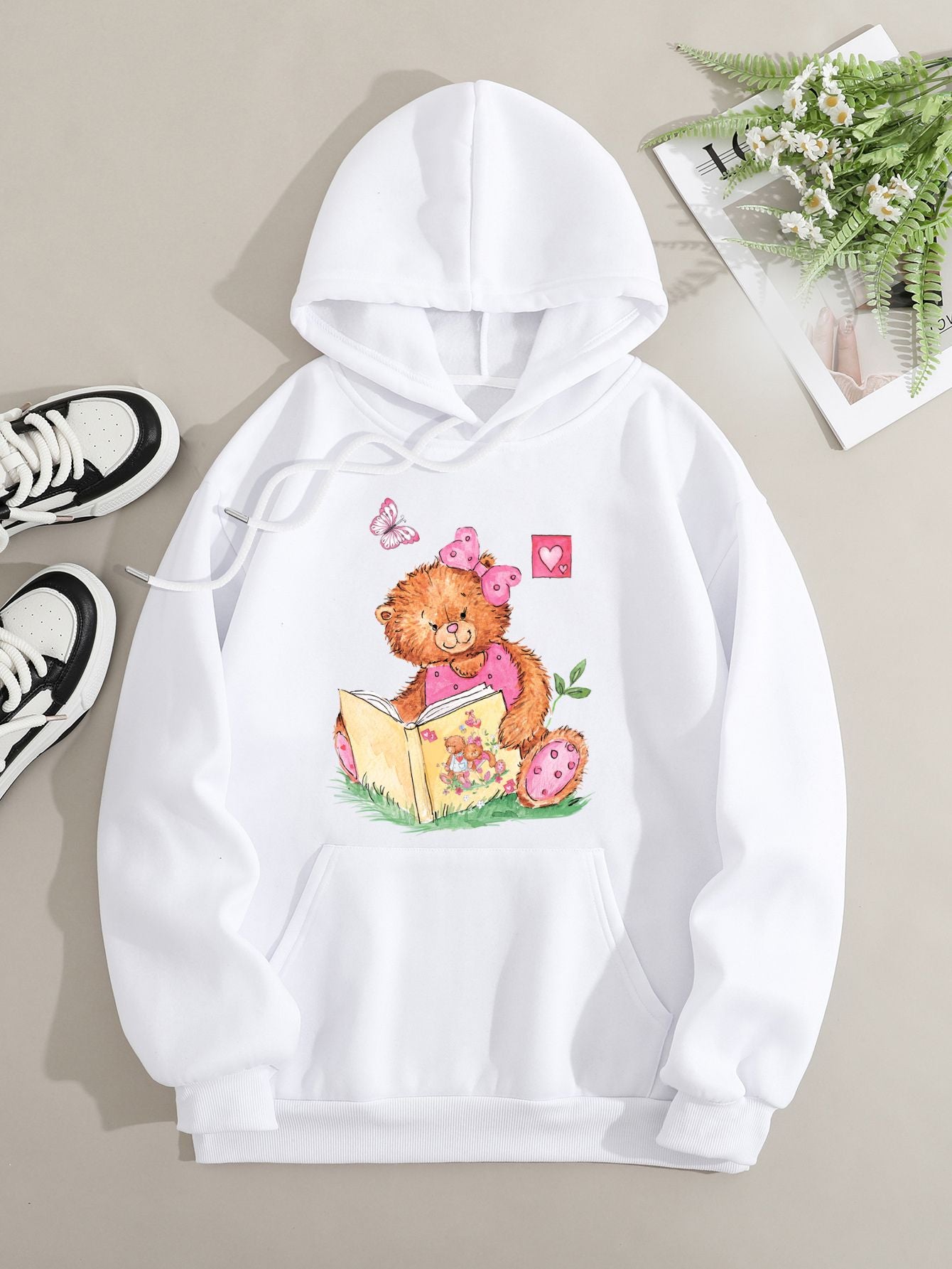 Printed on front Kangaroo Pocket Hoodie Long Sleeve for Women Pattern Pink Bear Reading