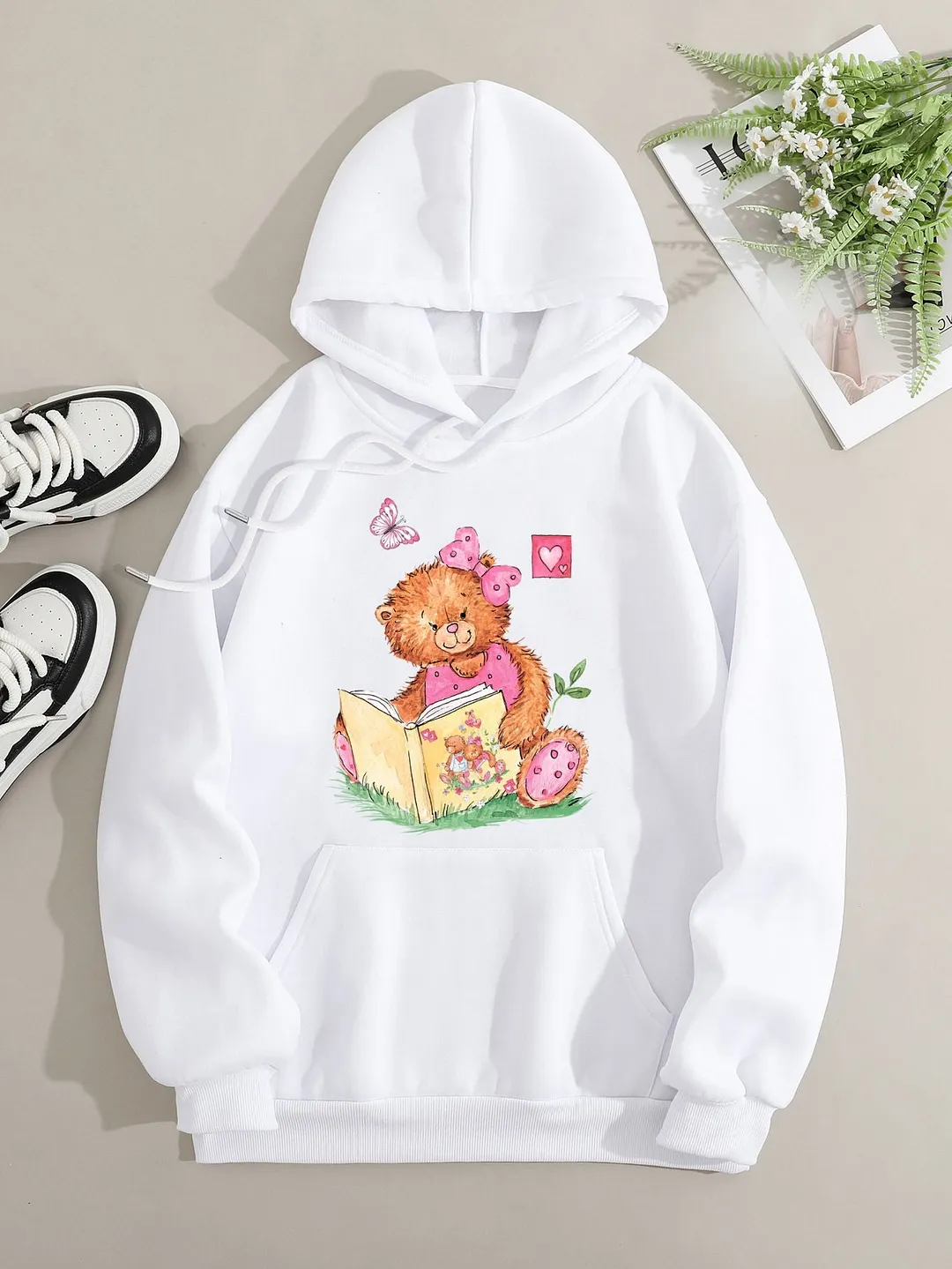 Printed on front Kangaroo Pocket Hoodie Long Sleeve for Women Pattern Pink Bear Reading