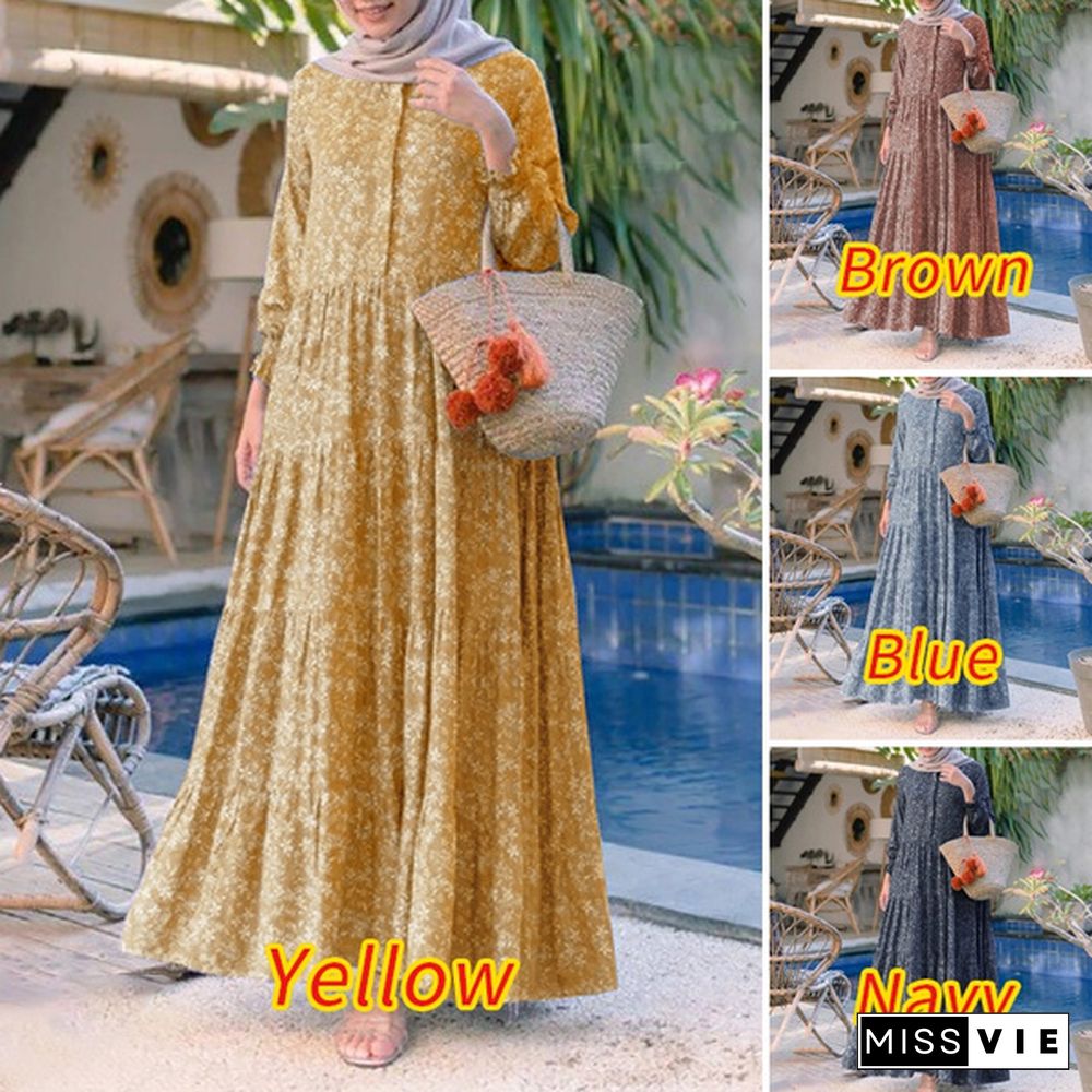 ZANZEA Women Muslim Elegant Baggy Kaftan Flota Robe Printed Abaya Holiday Dubai Islam Long Maxi Shirt Dress