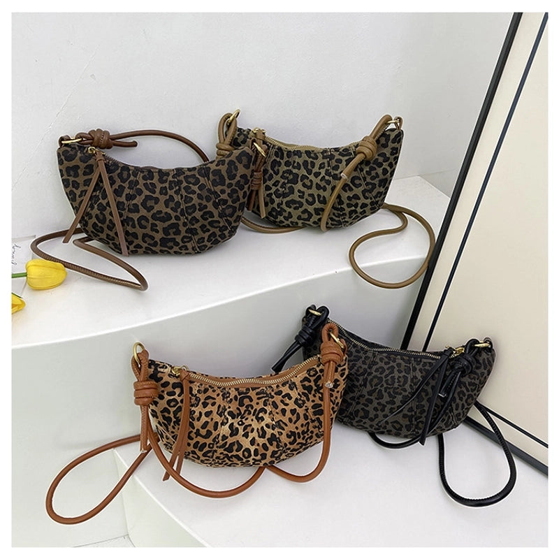 Women's Canvas Leopard Vintage Style Dumpling Shape Zipper Shoulder Bag Crossbody Bag