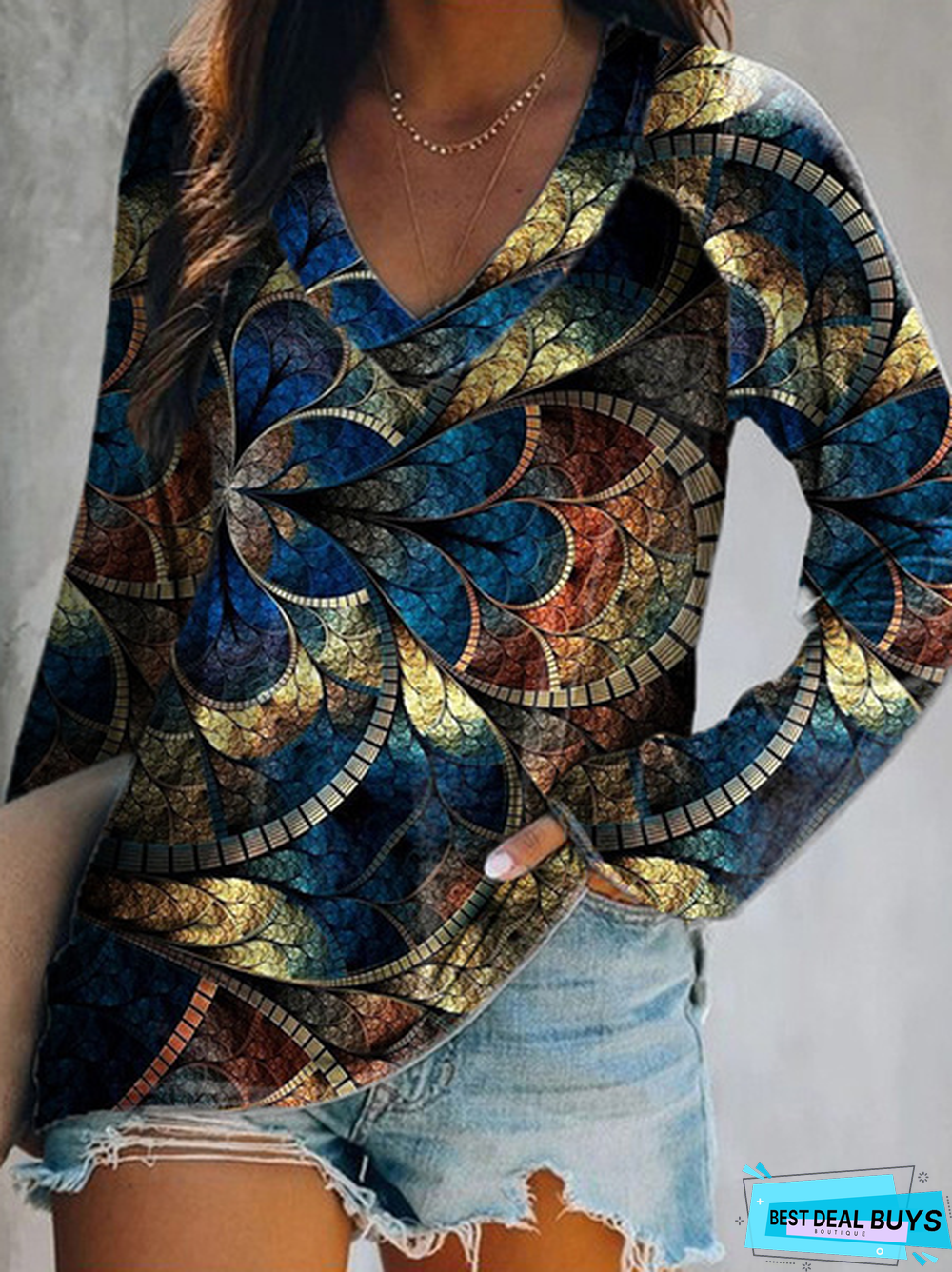 Long Sleeve V Neck Casual Printed Tops