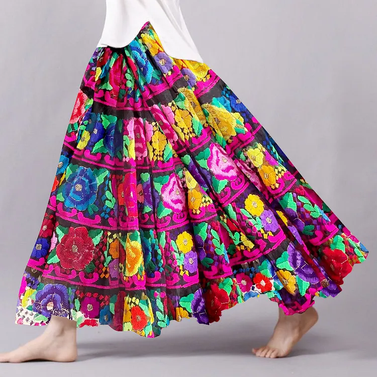 Vintage Cinco De Mayo Cinco De Mayo Traditional Mexican Chiapaneco Floral Embroidered Pattern Flowy Wide Skirt