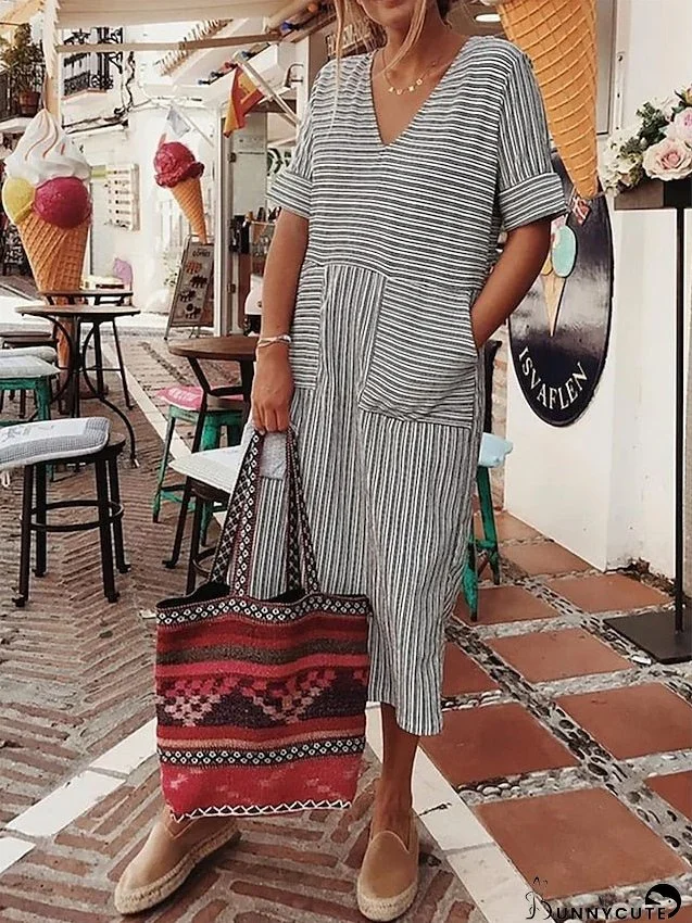 Casual Dress Cotton Linen Dress Midi Dress Cotton Blend Fashion Modern Outdoor Daily V Neck Pocket Rolled Cuff Half Sleeve Summer Spring Fall Loose Fit Gray Striped S M L XL 2XL for Women