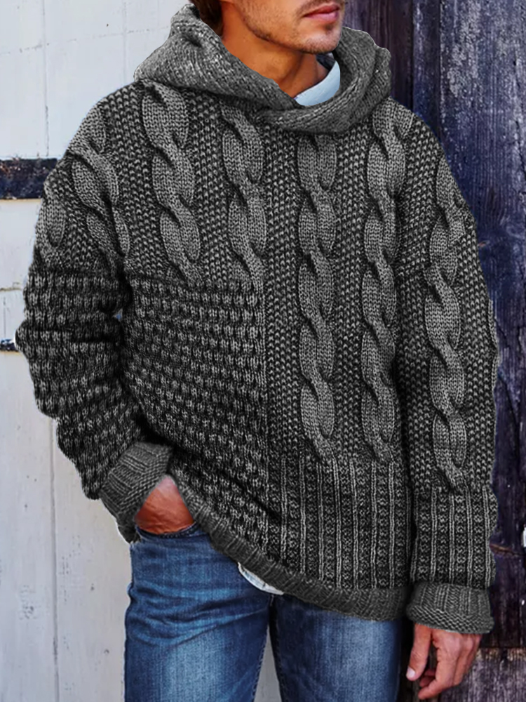 Comstylish Men's Vintage Retro Patchwork Cable Knit Hooded Sweater