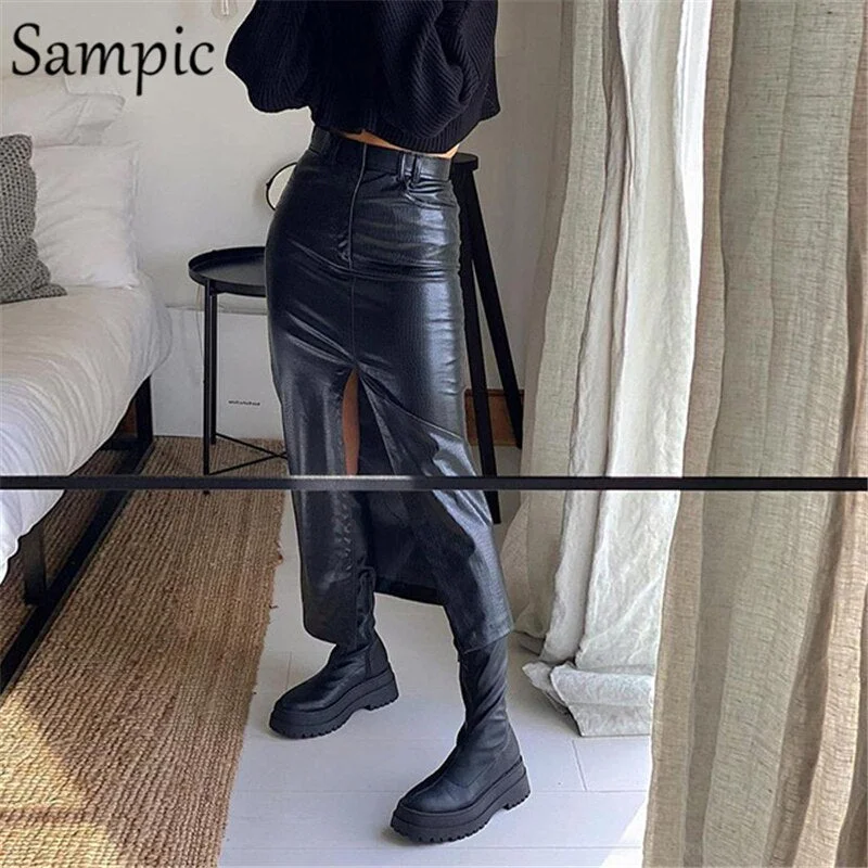 Sampic Sexy Women Skinny Harajuku Split Black Pu Leather Skirts Long Winter 2020 Ladies Office Pencil Hight Waisted Y2K Skirt