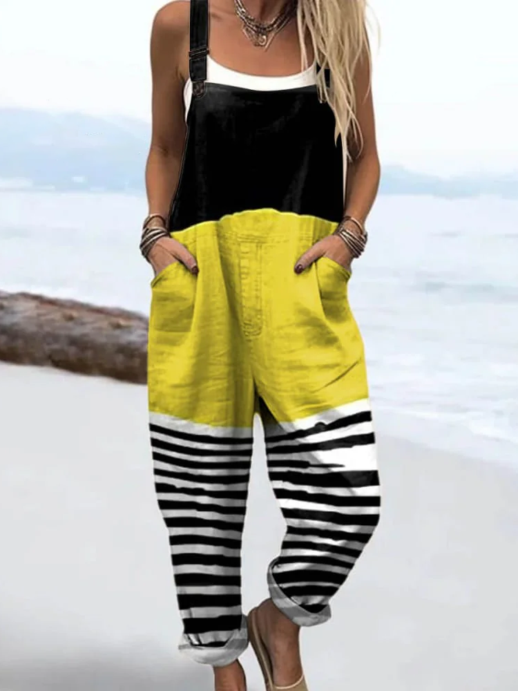 Wome'S Holiday Style Geometric Art Stripe Pattern Print Casual Cotton Wide Leg Jumpsuit