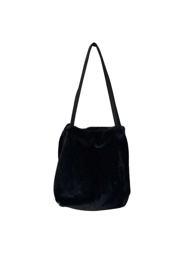 Women Fashion Plush Solid Color Shoulder Bag Winter Large Handbags (Black)