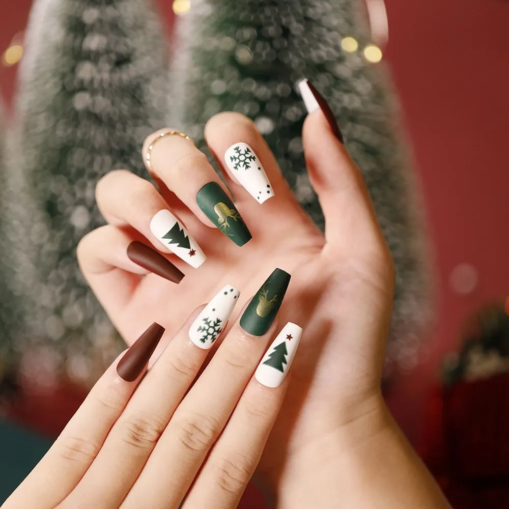 24Pcs/Box Christmas Coffin False Nail Patches Press on Nails Xmas Pattern Ballerina Manicure Full Cover Detachable Nail Tips-Nail Inspo
