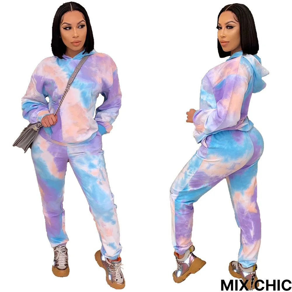 Tie dye Print Slim Hoodies Long Pants Two Piece Outfits