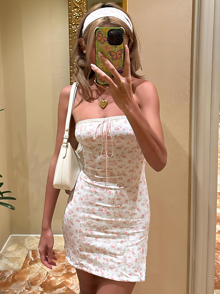 Hugcitar Floral Print Strapless Backless Lace Up Sexy Bodycon Mini Prom Dress Summer Women Outfit Beach Party Vacation