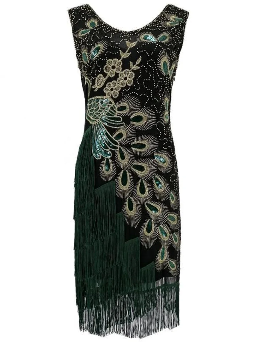 Plus Size Women 1920s Flapper Dress Vintage V-Neck Peacock Embroidery Great Gatsby Dress