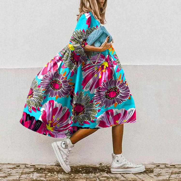 Contrast Floral Print Loose Midi Dress