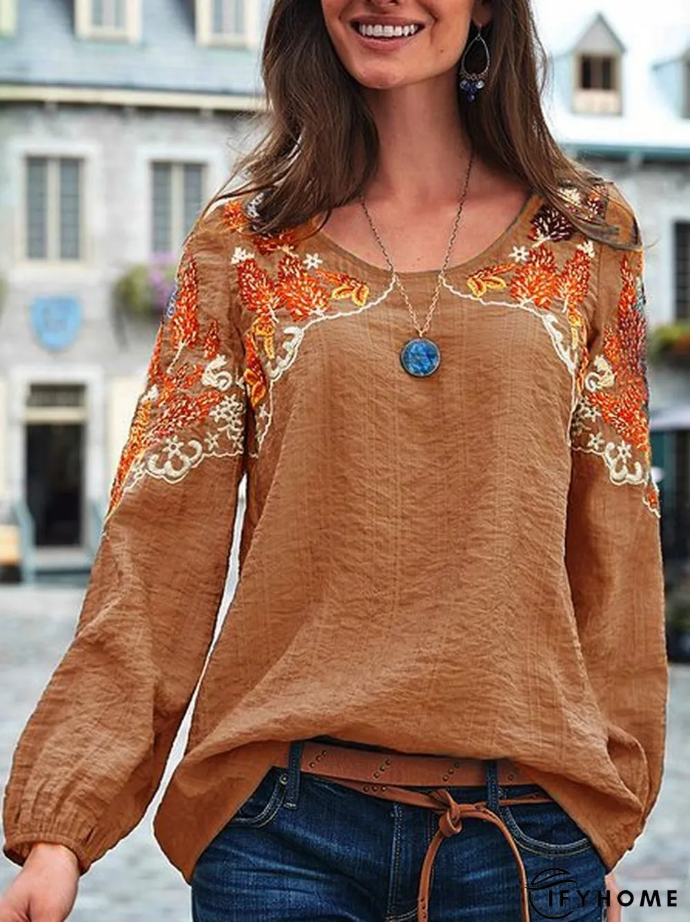 Gray Long Sleeve Cotton-Blend Crew Neck Plain Tunic T-Shirt | IFYHOME