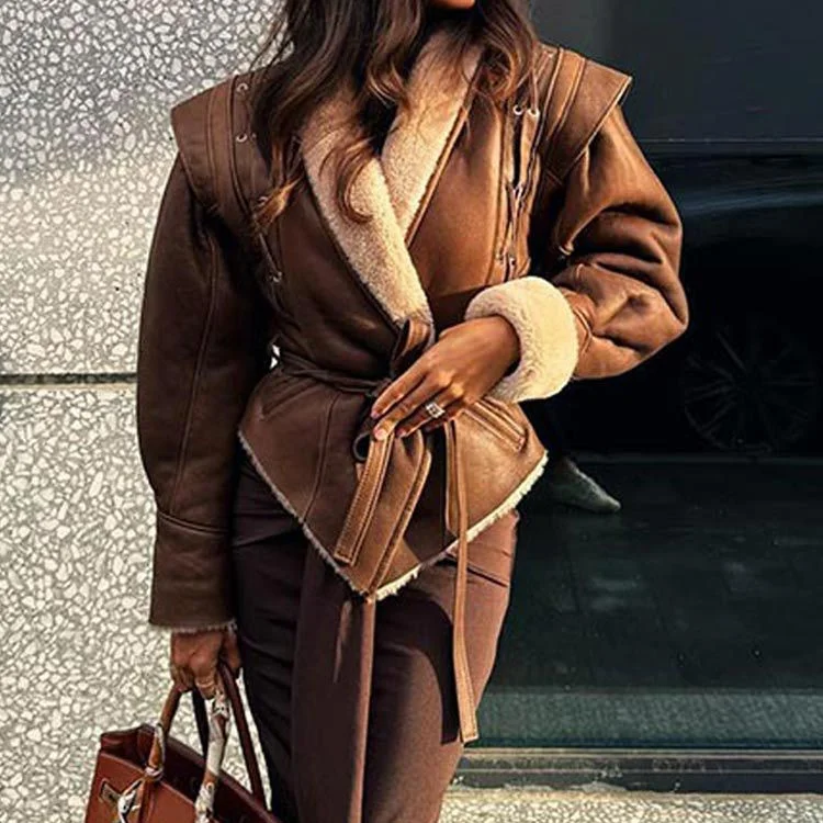 Woherb 2024 Suede Suede Jacket Lace-Up Jacket Fashion Vintage Female Autumn And Winter Short Warm Coat-Outfit Ideas