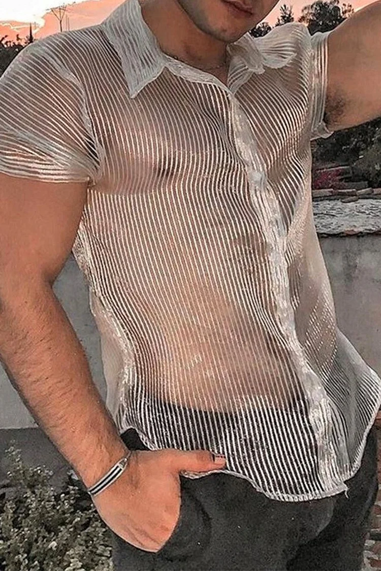 Men's Casual Sheer See Through Striped Shirt