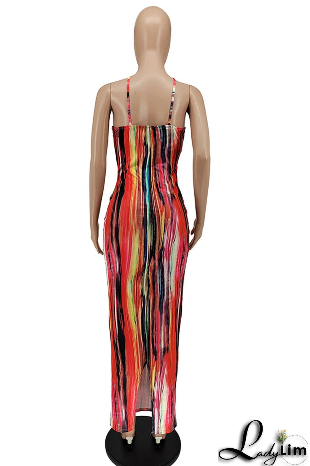 Red Sexy Print Split Joint Slit Spaghetti Strap One Step Skirt Dresses