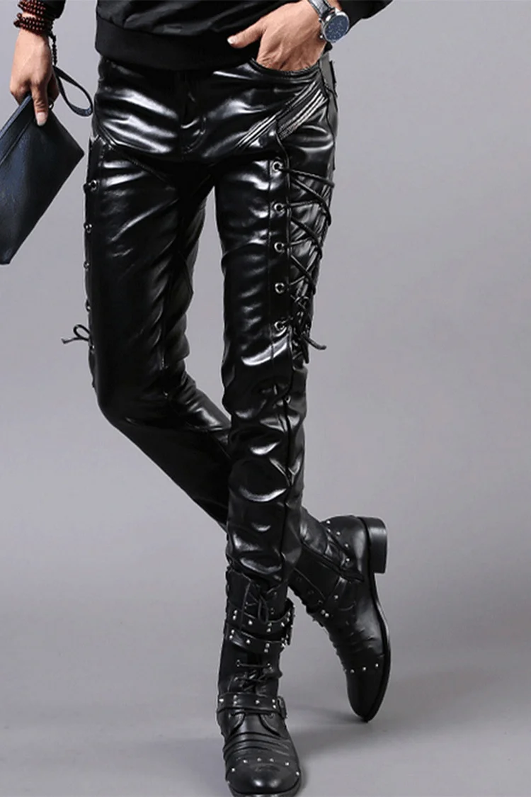 Side Lace-Up PU Leather Casual Black Skinny Pants