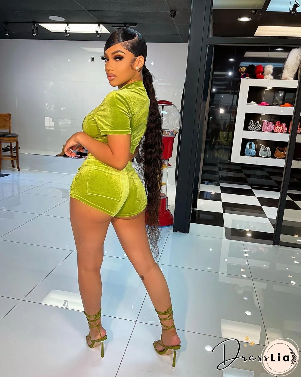Velvet Crop Tops Biker Shorts Workout Matching Sets
