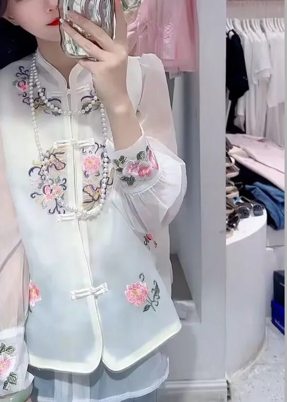 DIY White Embroideried Button Chiffon Waistcoat And Shirts Two Piece Set